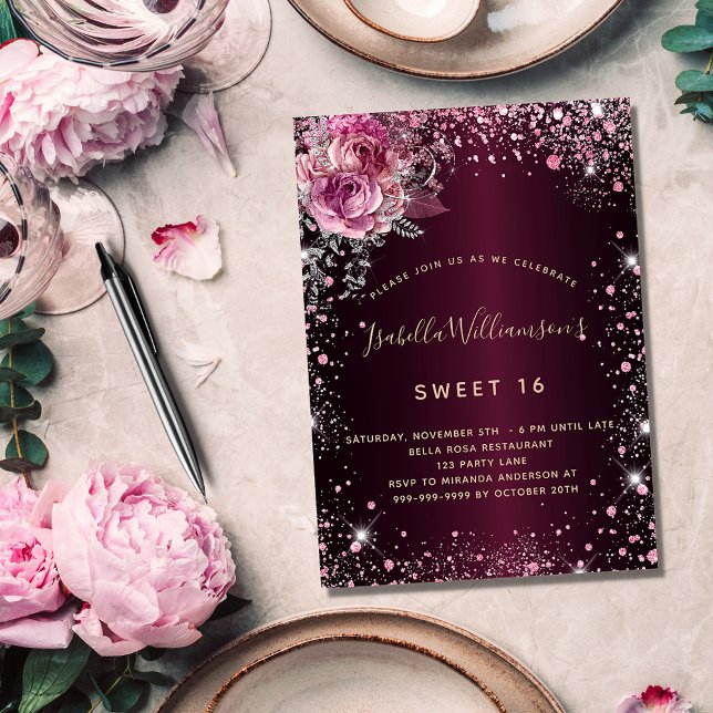 Birthday burgundy pink glitter floral glamourous invitation postcard (Creator Uploaded)