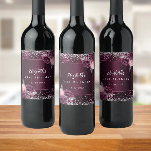 Birthday burgundy pink silver flowers wine label