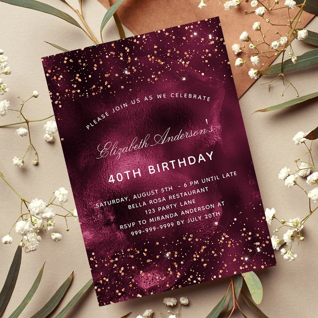 Birthday burgundy rose gold agate glitter invitation (Creator Uploaded)
