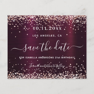 Birthday burgundy rose gold budget save the date flyer