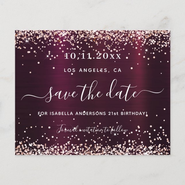Birthday burgundy rose gold budget save the date flyer (Front)
