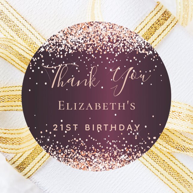 Birthday burgundy rose gold confetti thank you classic round sticker (Creator Uploaded)