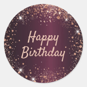 Birthday burgundy rose gold glitter dust classic round sticker