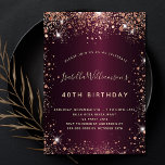 Birthday burgundy rose gold glitter dust invitation<br><div class="desc">For an elegant 40th (or any age) birthday.  A burgundy background colour. Decorated with rose gold faux glitter dust. Personalise and add a name,  age and party details. The name is written with a hand lettered style script</div>