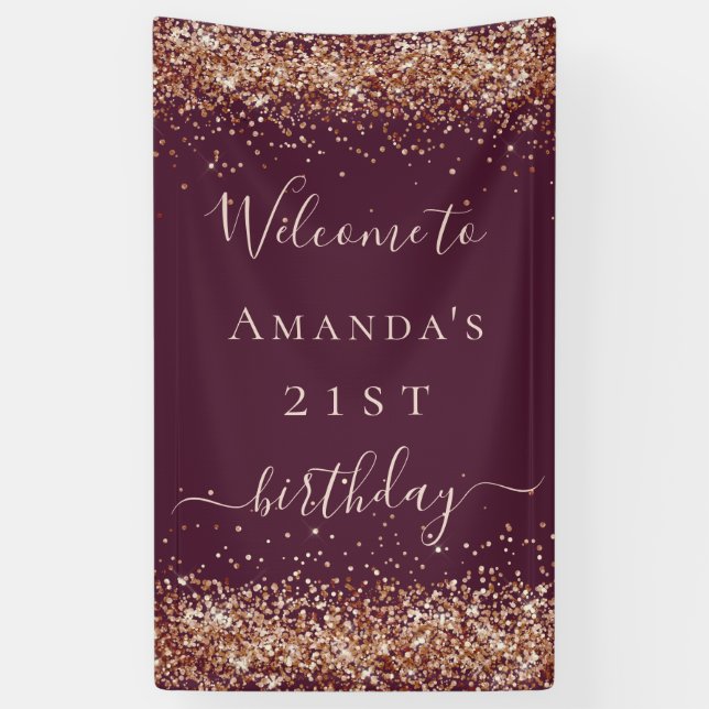 Birthday burgundy rose gold glitter dust welcome  banner (Vertical)