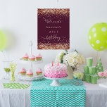 Birthday burgundy rose gold glitter dust welcome poster<br><div class="desc">A welcome poster for a girly and glamourous 21st (or any age) birthday party.  A burgundy background decorated with rose gold faux glitter dust.   Personalise and a name.</div>