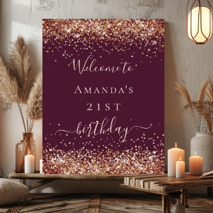 Birthday burgundy rose gold glitter welcome poster