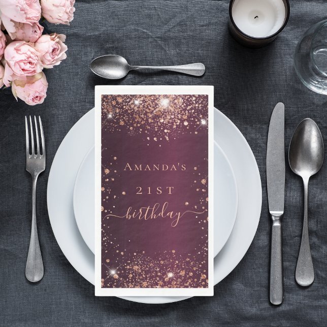 Birthday burgundy rose gold name script napkin (Creator Uploaded)