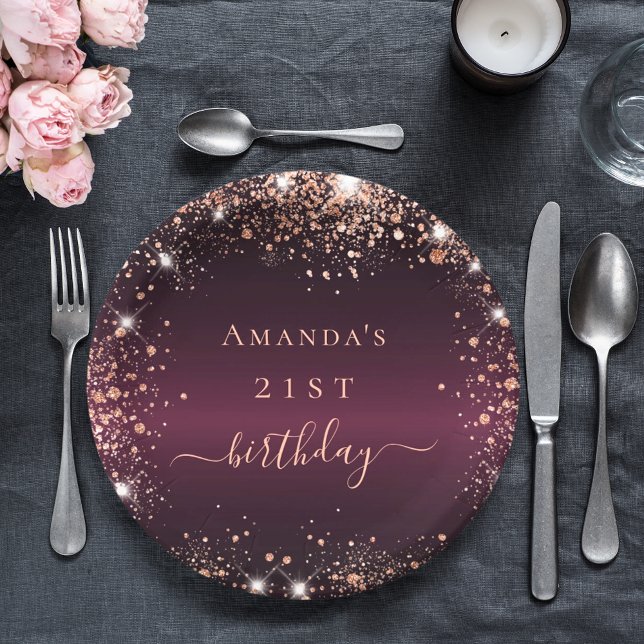 Birthday burgundy rose gold name script paper plate (Creator Uploaded)