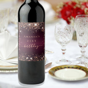 Birthday burgundy rose gold name script wine label