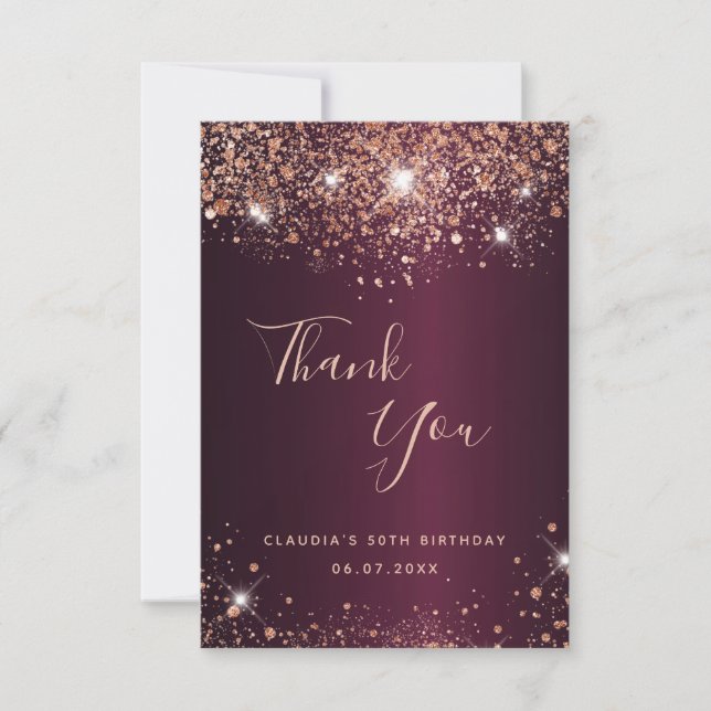 Birthday burgundy rose gold name thank you card (Front)