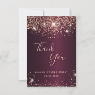 Birthday burgundy rose gold name thank you card