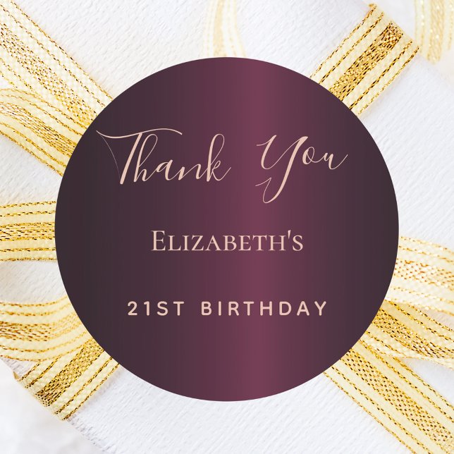 Birthday burgundy rose gold name thank you classic round sticker (Creator Uploaded)