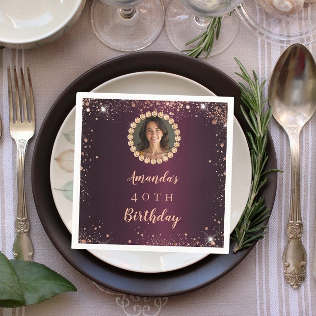Birthday burgundy rose gold photo diamonds napkin (Creator Uploaded)