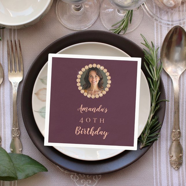Birthday burgundy rose gold photo diamonds napkin (Creator Uploaded)