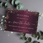 Birthday burgundy rose gold save the date<br><div class="desc">A modern Save the Date card for a 50th (or any age) birthday party. A burgundy faux metallic looking background colour. Decorated with rose gold faux sparkles. The text: Save the Date is written with a large trendy hand lettered style script.</div>