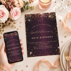Birthday burgundy rose gold sparkles invitation