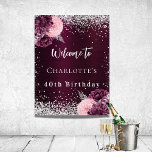 Birthday burgundy silver flowers welcome poster<br><div class="desc">A dark gradient burgundy background. Decorated with faux silver sparkles and burgundy and pink flowers,  roses.  Personalise and add a name and age/event.</div>