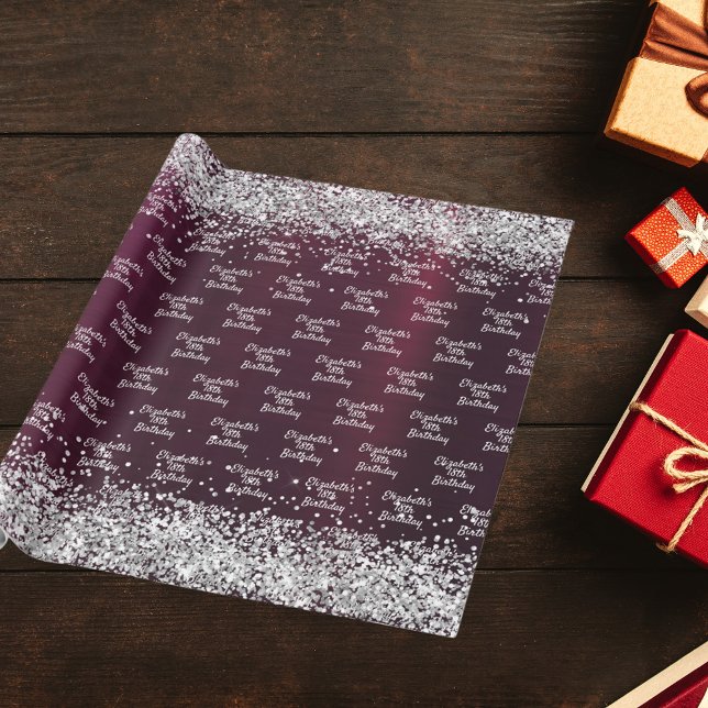 Birthday burgundy silver name elegant wrapping paper (Creator Uploaded)