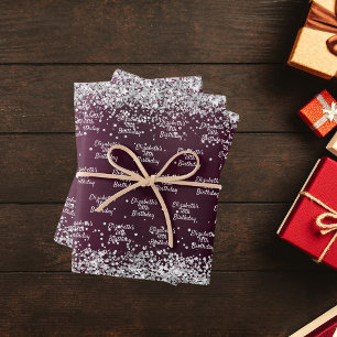 Birthday burgundy silver name elegant wrapping paper sheet