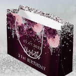 Birthday burgundy silver pink flowers large gift bag<br><div class="desc">For an elegant 21st (or any age) birthday.  A burgundy gradient background colour. Decorated with faux silver confetti and pink and burgundy flowers.  Personalise and add a name and age. The name is written with a modern hand lettered style script</div>