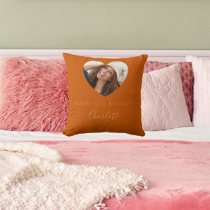 Birthday burnt orange photo name script cushion