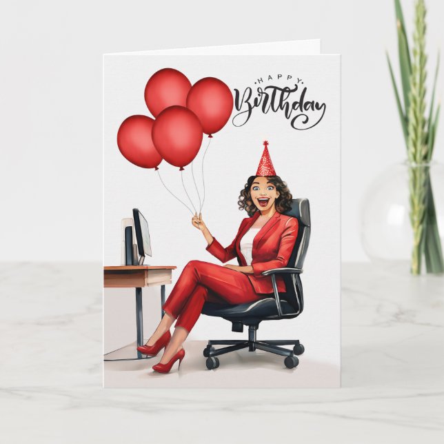 Birthday Businesswoman in Red in an Office Chair Card (Front)
