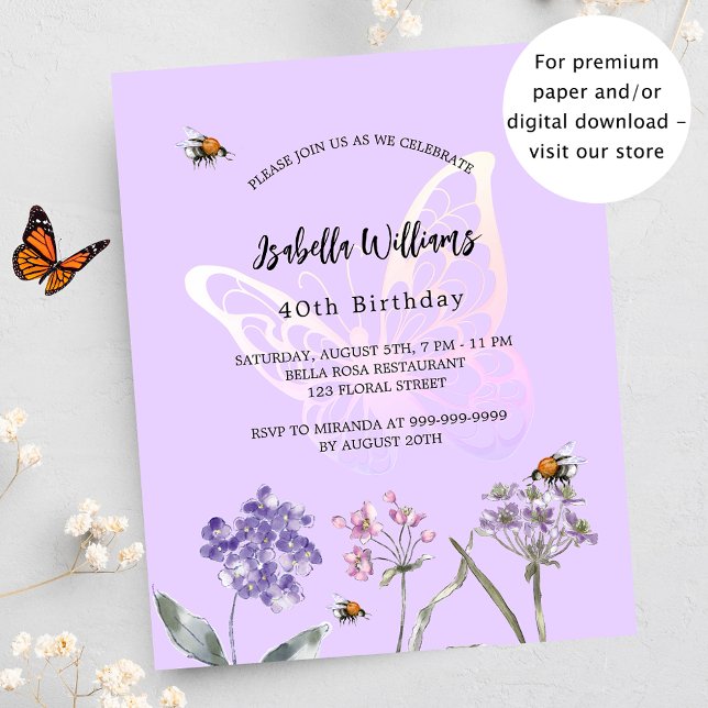 Birthday butterfly violet flower budget invitation (Creator Uploaded)