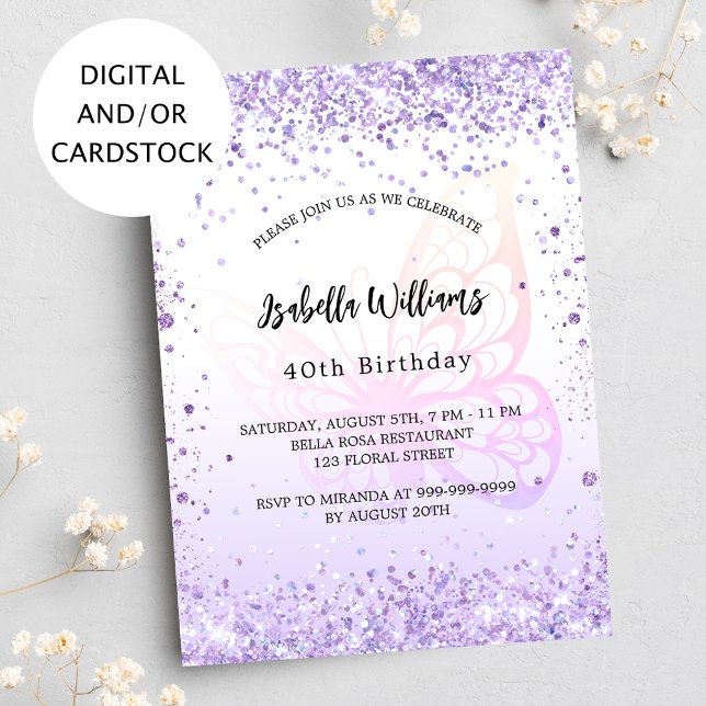 Birthday butterfly violet lavender script invitation (Creator Uploaded)