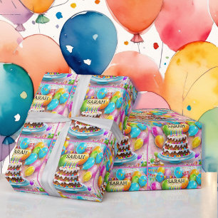 Birthday Cake Balloons Add Girl's Name Colourful Wrapping Paper