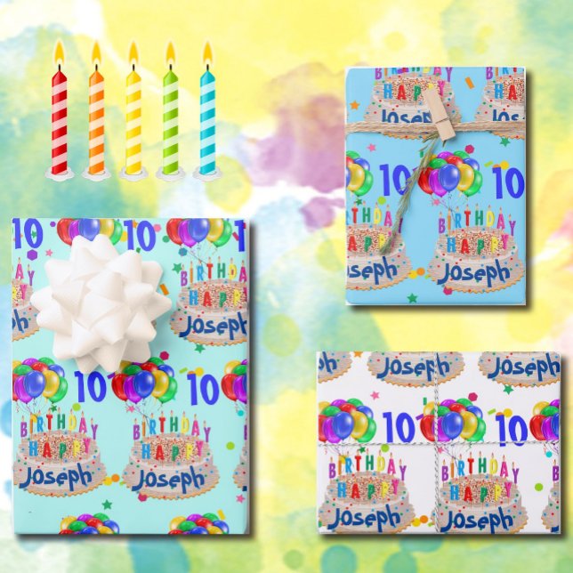 Birthday Cake Balloons Add NAME AGE Boys Wrapping Paper Sheet (Creator Uploaded)