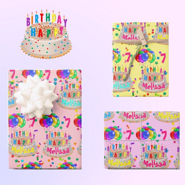 Birthday Cake Balloons Add NAME AGE Girls Wrapping Paper Sheet (Creator Uploaded)