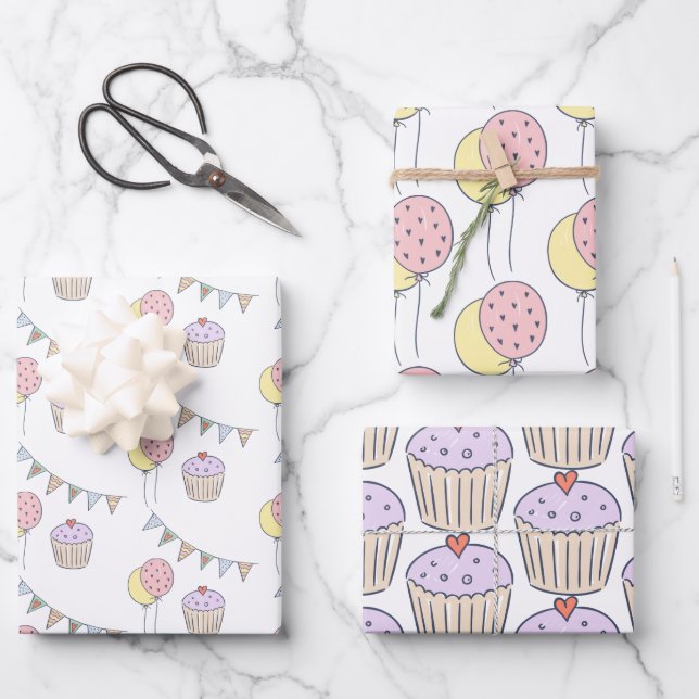 Birthday Cake | Balloons and Bunting Wrapping Paper Sheet (Front)