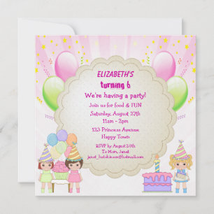 Birthday Cake & Balloons Girl's Party Invites