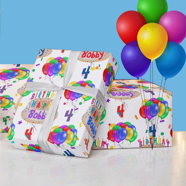 Birthday Cake Balloons Personalise Boy's Name Age  Wrapping Paper (Creator Uploaded)