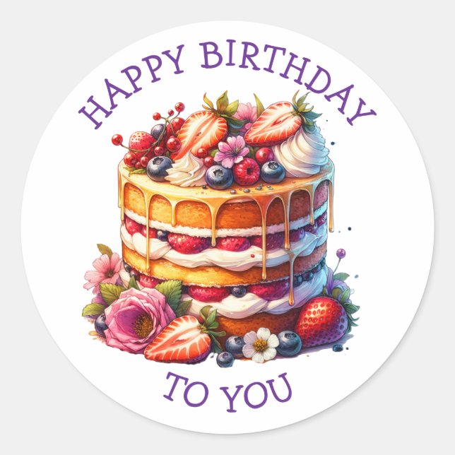 Birthday Cake Berries and Flowers Personalised Classic Round Sticker (Front)