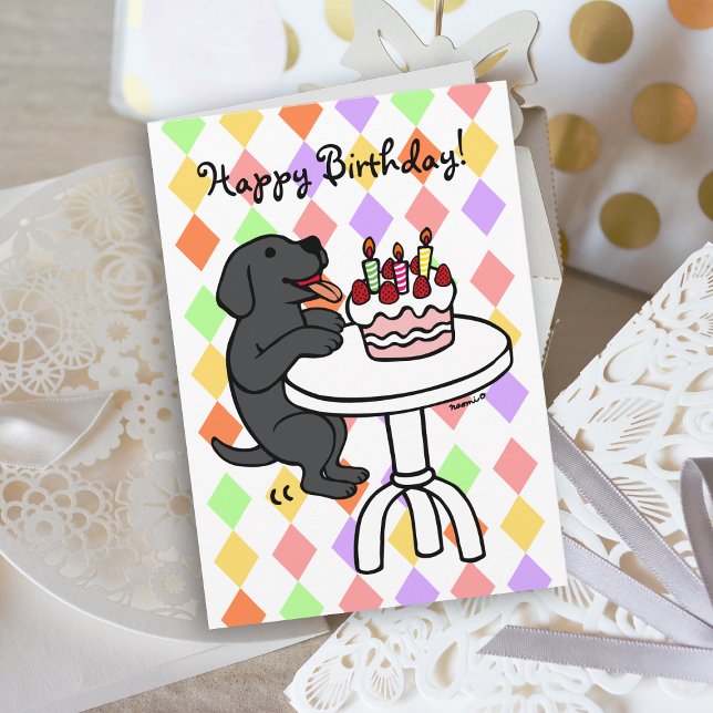 Birthday Cake Black Labrador Cartoon Card (Birthday Cake Black Labrador Cartoon Birthday Card with colorful background for dog lovers.)