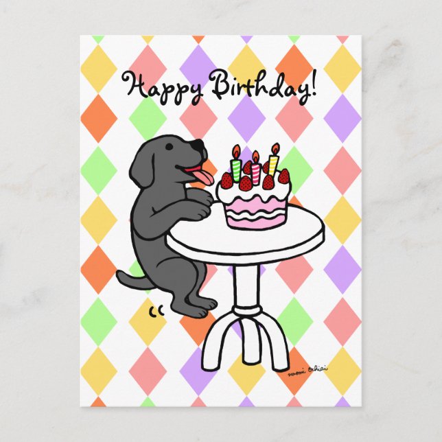 Birthday Cake Black Labrador Cartoon Postcard (Front)