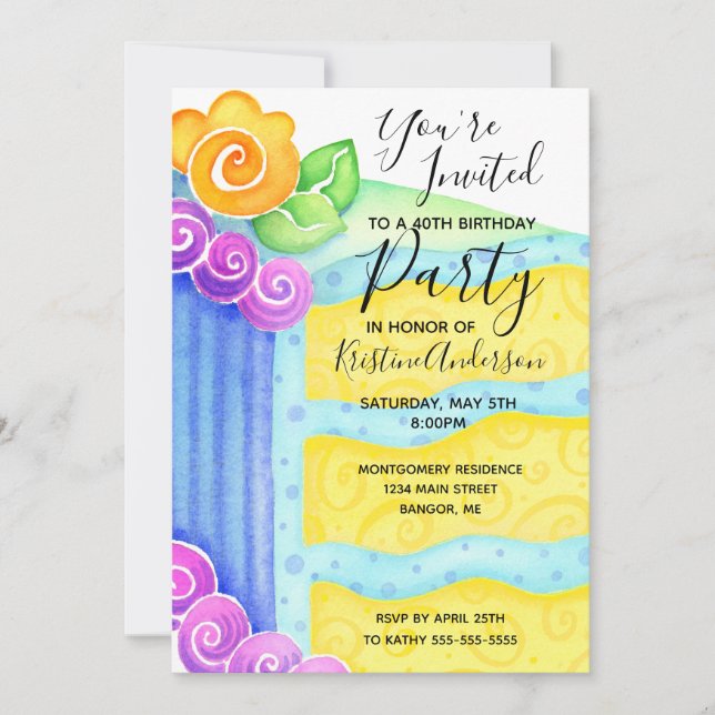 Birthday Cake Blue Yellow Floral 40th Party Invitation (Front)
