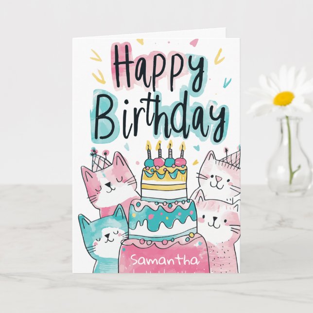 Birthday Cake Cats Festive Feline Greeting Card (Small Plant)