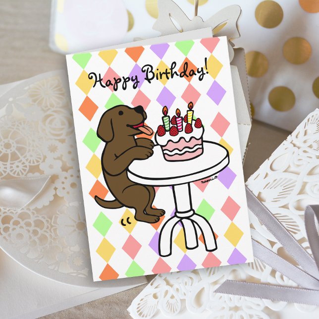 Birthday Cake Chocolate Labrador Cartoon Card (Birthday Cake Chocolate Labrador Cartoon Birthday Card with colorful background for dog lovers.)