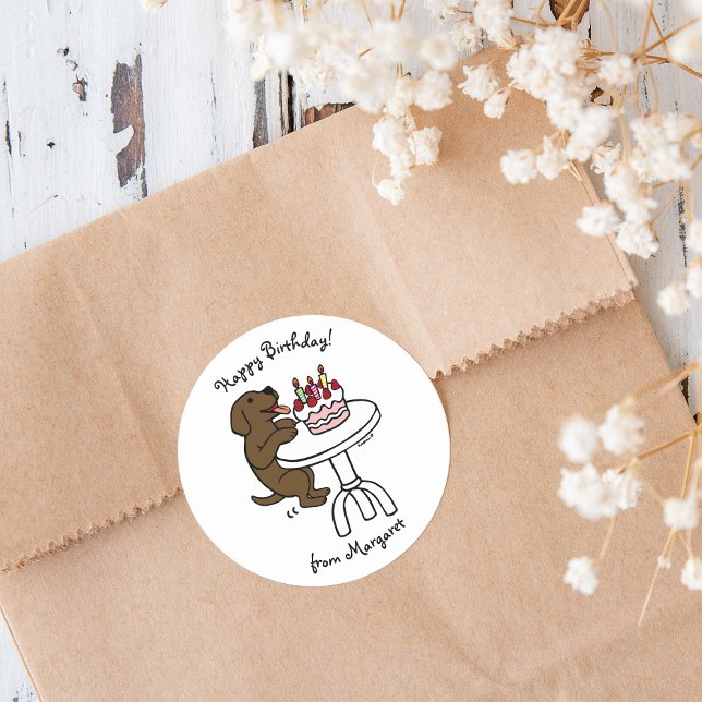 Birthday Cake Chocolate Labrador Cartoon Plain Classic Round Sticker (Birthday Cake Chocolate Labrador Stickers for celebrating Birthday.  Cute Lab Cartoon Design.)