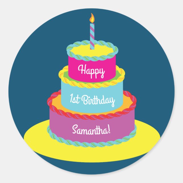 Birthday Cake Cute Colourful 1st Party Theme Classic Round Sticker (Front)