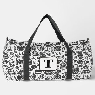 Birthday cake doodle black and white pattern 1 duffle bag