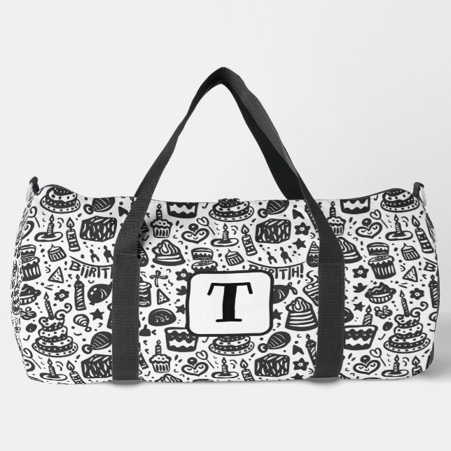 Birthday cake doodle black and white pattern 1 duffle bag (Front)