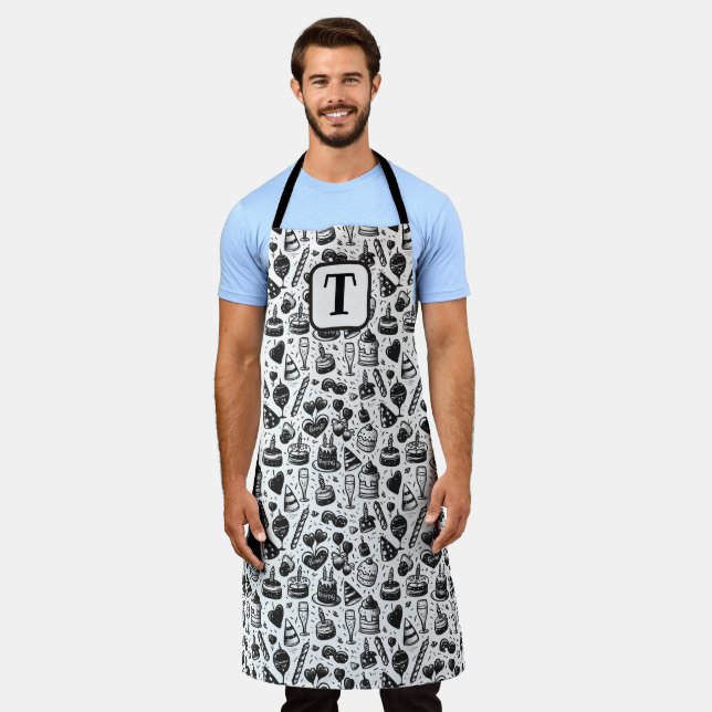 Birthday cake doodle black and white pattern 4 apron (Worn)