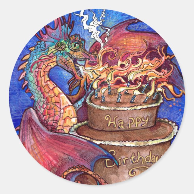 Birthday Cake Dragon Classic Round Sticker (Front)