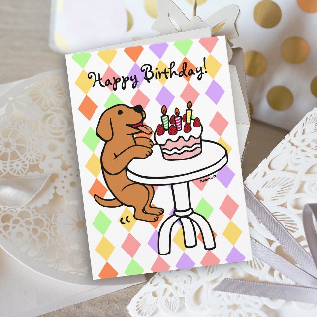 Birthday Cake Fox Red Labrador Cartoon Card (Birthday Cake Fox Red Labrador Cartoon Birthday Card with colorful background for dog lovers.)