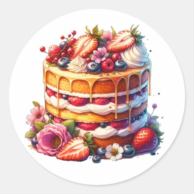Birthday Cake full of Berries and Flowers Classic Round Sticker (Front)