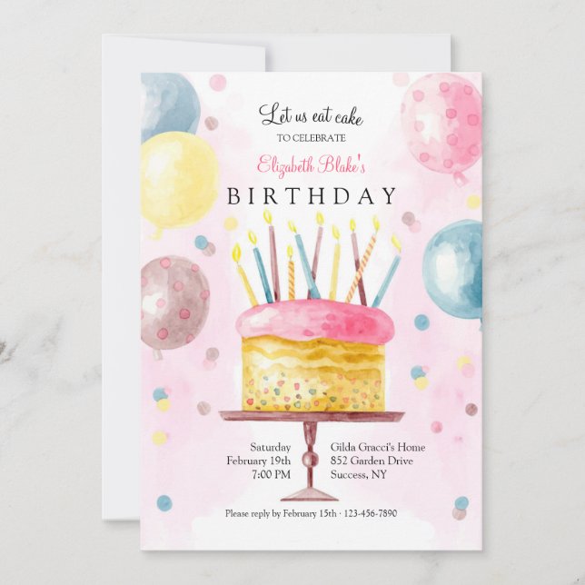 Birthday Cake in Watercolor Invitation (Front)